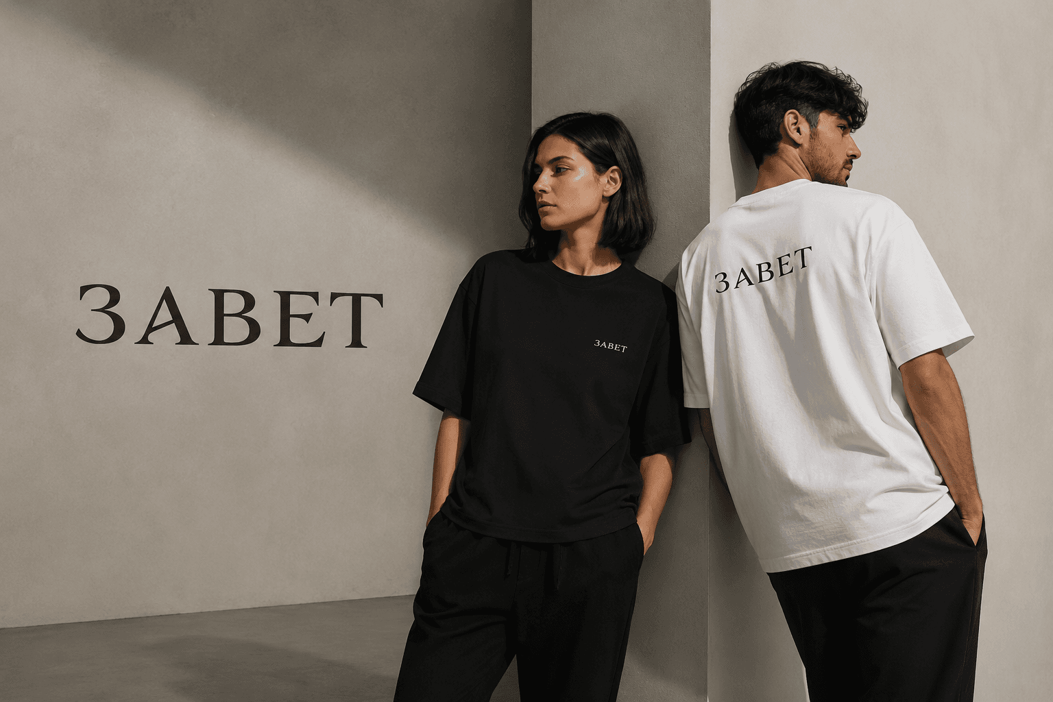 ZAVET - models in black and white t-shirts leaning on a wall